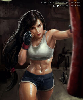 1girl abs astor_alexander black_hair breasts brown_eyes cleavage cowboy_shot crop_top dolphin_shorts final_fantasy final_fantasy_vii final_fantasy_vii_remake fingerless_gloves gloves highres long_hair low-tied_long_hair medium_breasts midriff motion_blur navel photo-referenced punching_bag realistic shorts solo square_enix sweat swept_bangs tank_top tifa_lockhart toned twitter_username very_long_hair watermark web_address white_tank_top