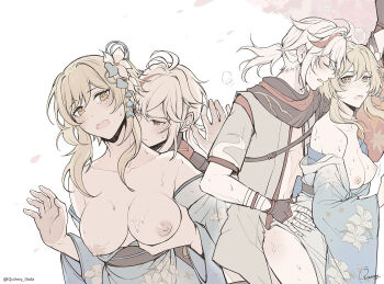 1boy 1girl alternate_costume bandaged_hand bandages black_scarf blonde_hair blue_kimono blush breasts breasts_out closed_eyes clothed_sex commentary english_commentary floral_print floral_print_kimono flower genshin_impact grabbing_another's_breast grabbing_from_behind groping hair_flower hair_ornament hand_on_another's_hip hetero japanese_clothes kaedehara_kazuha kimono large_breasts looking_at_another lumine_(genshin_impact) multicolored_hair multiple_views nipples nose_blush obi open_mouth ponytail print_kimono quinny_il red_streaks sash scarf sex sex_from_behind short_hair_with_long_locks streaked_hair sweat twitter_username white_background white_hair yellow_eyes