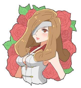 1girl bad_id bad_twitter_id beatrix breasts brown_eyes brown_hair closed_mouth cropped_arms cropped_torso curly_hair eyepatch female_focus final_fantasy final_fantasy_ix flower highres leaf long_hair medium_breasts red_flower red_rose rose solo toufu_(toufu_53) upper_body white_background