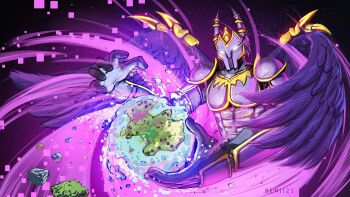 Rule 34 | 1boy, armor, artist name, benii21, block (object), commentary, creator and creation, energy, english commentary, fake horns, feathered wings, glowing, glowing eyes, gold trim, helmet, highres, holding planet, horned helmet, horns, pixels, purple armor, redigit, terraria, white eyes, wings