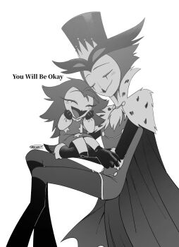 1boy 1girl :d ^_^ absurdres aged_down baby beak boots cape clenched_hands closed_eyes closed_mouth commentary_request crossed_arms dress english_text father_and_daughter feet_out_of_frame fewer_digits full_body furry furry_female furry_male hands_on_own_cheeks hands_on_own_face hands_up happy hat hellaverse helluva_boss highres knee_boots long_sleeves menma_(enaic31) octavia_(helluva_boss) open_mouth owl_boy owl_girl pants puffy_long_sleeves puffy_sleeves scar_across_eyes shirt signature simple_background smile star_(symbol) star_print stolas_(helluva_boss) tongue top_hat u_u white_background