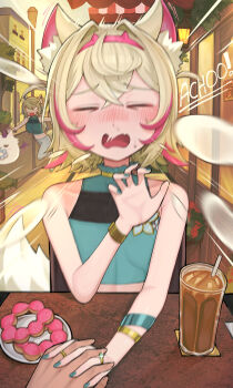 ! 1other 2girls absurdres alternate_costume animal_ear_fluff animal_ears bare_shoulders blonde_hair blue_hair blush closed_eyes commentary dating dog_ears dog_girl dog_tail drink english_commentary fake_horns fang food fuwawa_abyssgard green_tank_top highres holding_hands hololive hololive_english horns jewelry long_hair midriff migokami mococo_abyssgard multicolored_hair multiple_girls open_mouth outdoors perroccino_(fuwamoco) pov red_hair ring road short_hair sneezing street table tail tank_top virtual_youtuber wedding_ring