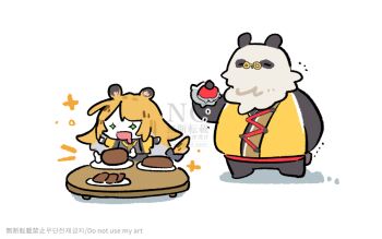 +_+ 1boy 1girl animal_ear_fluff animal_ears arm_behind_back black_fur boned_meat bow bracelet chibi chibi_only closed_eyes colored_inner_hair commentary_request drooling fat fat_man food full_body furry furry_male green_eyes grey_shirt hand_up hands_up holding holding_wallet jacket jewelry ju_fufu meat multicolored_fur multicolored_hair no_headwear no_mouth open_mouth orange_fur pan_yinhu panda_boy panda_ears plate plump round_eyewear shadow shidare_(youh4016) shirt simple_background spiked_bracelet spikes striped_fur striped_hair table tail tail_bow tail_ornament tiger_ears tiger_girl tiger_stripes tiger_tail upper_body wallet white_background white_fur yellow_jacket zenless_zone_zero