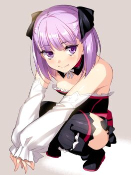 1girl 7dango7 bare_shoulders black_dress black_thighhighs breasts detached_collar detached_sleeves dress fate/grand_order fate_(series) hair_ribbon helena_blavatsky_(fate) looking_at_viewer purple_eyes purple_hair ribbon short_dress short_hair small_breasts smile squatting thighhighs white_sleeves