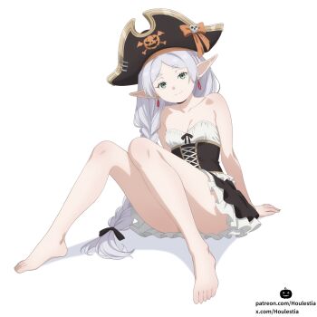 1girl absurdres alternate_costume alternate_hairstyle anime_coloring arm_support barefoot black_corset braid breasts cleavage closed_mouth collarbone commentary_request convenient_leg corset dress earrings elf feet frieren full_body green_eyes grey_hair halloween hat highres houlestia jewelry legs long_hair looking_at_viewer parted_lips patreon_username pirate pirate_hat pleated_dress pointy_ears short_dress side_braid simple_background sitting small_breasts soles solo sousou_no_frieren strapless strapless_dress teardrop_earrings thighs toes twitter_username very_long_hair white_background white_dress