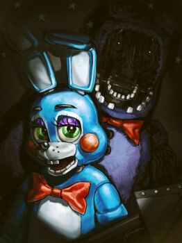 absurdres animal_ears blush_stickers bow bowtie exposed_internal_machinery five_nights_at_freddy&#039;s five_nights_at_freddy&#039;s_2 frune_ei01 green_eyes highres rabbit_ears red_bow red_bowtie teeth toy_bonnie withered_bonnie