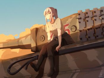 Rule 34 | 1girl, alvin art15, bird, black pants, boots, breasts, clothes around waist, cloud, collarbone, grey hair, highres, jacket, jacket around waist, jewelry, long hair, looking to the side, medium breasts, military, military vehicle, motor vehicle, necklace, original, pants, ponytail, shirt, sidelocks, sitting, sky, smile, t-shirt, tank, tiger i, world war ii, yellow eyes