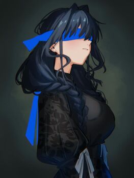 1girl black_dress black_hair blindfold braid breasts colored_blindfold dress from_side hair_intakes hololive hololive_english large_breasts long_hair low_twin_braids maid official_alternate_hairstyle ouro_kronii ouro_kronii_(maid) parted_lips solo twin_braids upper_body victorian_maid vignetting virtual_youtuber yuutomeh