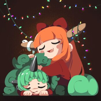 2girls black_horns bow christmas_lights closed_eyes curly_hair fang hair_bow horn_ornament horns hug ibuki_suika komano_aunn long_hair long_sleeves mobcap multiple_girls oni open_mouth orange_hair red_bow red_shirt shirt single_horn sitting sleeping snake touhou