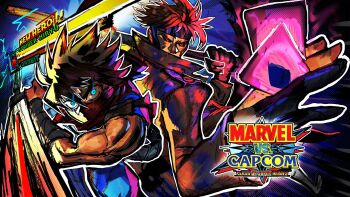 2boys back-to-back biceps blue_eyes capcom card character_name commission commissioner_upload crossover gambit glowing glowing_eyes health_bar highres jacket kainonaut logo looking_at_viewer marvel marvel_vs._capcom mask mouth_mask multiple_boys ninja playing_card red_eyes scarf sleeveless staff strider_(video_game) strider_hiryuu tonfa weapon x-men