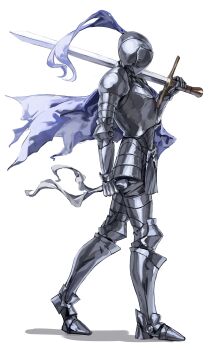 1other absurdres armor blue_cape breastplate cape check_copyright commentary copyright_request faulds full_armor full_body helmet highres holding holding_sword holding_weapon original over_shoulder shiro_wa_(shiroshironix) shoulder_armor simple_background sword sword_over_shoulder walking weapon weapon_over_shoulder white_background