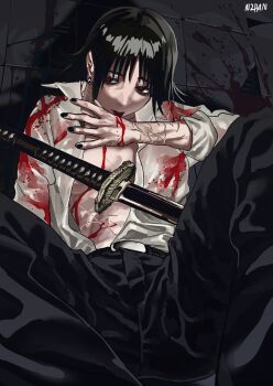 1girl absurdres against_wall arnanra artist_name belt black_hair black_nails black_pants blood blood_on_chest blood_on_clothes blood_on_hands blood_on_stomach blood_on_wall blood_splatter blood_stain breasts closed_mouth collared_shirt convenient_censoring crack cracked_wall earrings hand_up highres jewelry katana licking licking_hand looking_to_the_side medium_breasts nail_polish open_clothes open_shirt original pants red_eyes red_pupils scar scar_on_arm scar_on_chest scar_on_hand scar_on_neck scar_on_stomach shadow sheath sheathed shirt short_hair signature single_earring sitting solo sword tiles tongue tongue_out weapon white_shirt