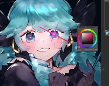 Rule 34 | 1girl, black background, black bow, black gloves, blush, bow, commentary, drill hair, gloves, green hair, grin, gwen (league of legends), hair bow, hands up, league of legends, long hair, portrait, renjj7 (renn), smile, teeth, twin drills, twintails, unfinished, untranslatable commentary