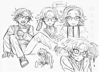 1boy :i adjusting_eyewear age_progression aged_down aotsuki_eito bottle commentary dumbbell english_commentary english_text exercising glasses hatching_(texture) highres holding holding_dumbbell jacket jampdrooze linear_hatching looking_at_viewer male_focus monochrome multiple_views no_mouth on_ground oversized_eyewear pants puffy_cheeks scared shirt short_hair sitting sketch speech_bubble spoilers sweat the_hundred_line_-last_defense_academy- thought_bubble vest water_bottle watermark weightlifting wide-eyed