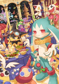 +_+ absurdres alcohol amber_graygamma animal_ears arm_around_shoulder candle cat cat_ears champagne champagne_bottle chipple claws cup disembodied_foot disembodied_hand drinking_glass eyepatch food gantz garlen_(klonoa) gloves goggles goggles_on_head heterochromia highres janga_(klonoa) joka_(klonoa) kaze_no_klonoa king_of_sorrow leorina looking_at_viewer moo_(klonoa) scarf sitting_on_shoulder smile tat_(klonoa) whiskers wine_glass wolf wolf_ears