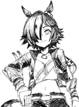 Rule 34 | 1girl, absurdres, animal ears, blush, breasts, commentary request, ear covers, ear ornament, hair over one eye, highres, horse ears, horse girl, horse tail, jacket, long sleeves, looking at viewer, midriff, multicolored hair, navel, ponytail, rogro hakaosita, smile, stopwatch, stopwatch around neck, tail, umamusume, vodka (umamusume), vodka (wild top gear) (umamusume), watch, white hair