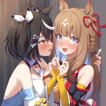 2girls ahoge almond_eye_(umamusume) almond_eye_(umamusume)_(cosplay) animal_ears artist_name bare_shoulders black_hair black_sleeves blue_eyes blue_hair blush braid brown_hair chahanramen chanchanko_(clothes) closed_mouth colored_inner_hair cosplay costume_switch cross-shaped_pupils detached_sleeves dress flying_sweatdrops hair_between_eyes hair_ornament highres horse_ears horse_girl kitasan_black_(crowning_ooban)_(umamusume) kitasan_black_(umamusume) kitasan_black_(umamusume)_(cosplay) long_hair looking_at_another multicolored_hair multiple_girls open_mouth orange_shirt red_eyes shirt short_hair single_braid smile streaked_hair sweat symbol-shaped_pupils two_side_up umamusume white_dress white_sleeves white_streaks yellow_sleeves yuri