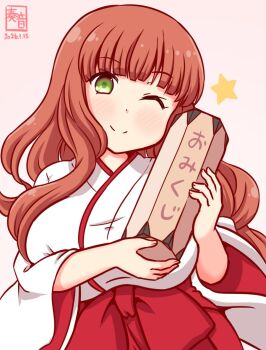 Rule 34 | 1girl, box, breasts, commentary request, de ruyter (kancolle), gradient background, green eyes, hakama, hakama skirt, japanese clothes, kanon (kurogane knights), kantai collection, kimono, large breasts, long hair, long sleeves, looking at viewer, miko, one eye closed, pink background, red hair, red hakama, skirt, smile, solo, upper body, white kimono, wide sleeves