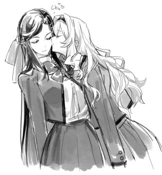 2girls 9urodine blazer bow bowtie closed_eyes closed_mouth greyscale hair_ribbon hairband highres jacket kiss kissing_cheek long_hair monochrome multiple_girls pleated_skirt ribbon saijou_claudine shirt shoujo_kageki_revue_starlight skirt smile tendou_maya yuri