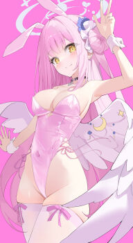 1girl absurdres animal_ears arm_up armpits bare_shoulders black_choker blue_archive breasts choker cleavage closed_mouth covered_navel cowboy_shot fake_animal_ears feathered_wings hair_bun hair_ribbon halo highleg highleg_leotard highres leotard long_hair looking_at_viewer medium_breasts mika_(blue_archive) pink_background pink_hair pink_leotard playboy_bunny rabbit_ears ribbon side-tie_peek simple_background skindentation smile solo strapless strapless_leotard thighhighs very_long_hair w wh0_r_uo_o white_thighhighs wings wrist_cuffs yellow_eyes