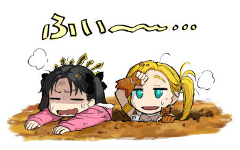 2girls aqua_eyes armband b_suke black_hair blonde_hair brown_gloves brown_vest calamity_jane_(fate) calamity_jane_(first_ascension)_(fate) commentary_request earrings fate/grand_order fate_(series) fingerless_gloves gloves hole hood hooded_jacket ishtar_(fate) ishtar_(swimsuit_rider)_(fate) jacket jewelry loose_hair_strand multiple_girls pink_jacket side_ponytail sleeves_past_wrists star_(symbol) sweatdrop translation_request two_side_up vest