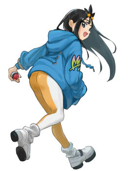 1girl :d absurdres ass black_hair blue_hoodie bracelet cc_remon28 commentary cube_hair_ornament grey_eyes hair_ornament happy highres holding holding_poke_ball hood hood_down hoodie jewelry leaning_forward leg_up leggings lida_(pokemon) long_hair long_sleeves nintendo open_mouth poke_ball poke_ball_(basic) pokemon pokemon_legends:_z-a ribbed_socks shoes simple_background smile socks solo topknot white_background white_shoes white_socks