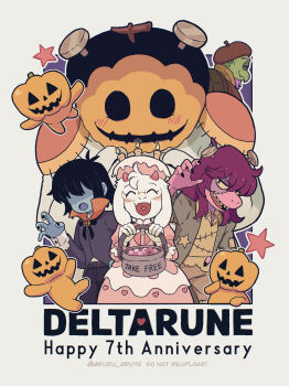 Rule 34 | 0ruru0ru95, 1boy, 1girl, 3boys, 3others, anniversary, artist name, basket, beard, belt, beret, black hair, black nails, blue skin, blush, brown hat, candle, closed eyes, collared shirt, colored sclera, colored skin, crossdressing, crossdressing (mtf), deltarune, dress, english text, facial hair, fang, fangs, fire, floppy ears, frankenstein's monster costume, frilled dress, frills, gerson boom, glasses, goat boy, goat horns, green skin, hair over eyes, halloween, hat, heart, heart in mouth, highres, holding, holding basket, horns, jack-o'-lantern, jackenstein (deltarune), jacket, kris (dark world) (deltarune), kris (deltarune), mixed-language commentary, multiple boys, multiple others, nail (hardware), open clothes, open jacket, open mouth, pink dress, pink hair, pumpkin, purple hair, purple skin, ralsei, sharp teeth, shirt, simple background, smile, star (symbol), stitched arm, stitched clothes, stitched face, stitches, susie (dark world) (deltarune), susie (deltarune), teeth, turtle boy, turtle shell, utdr (toby fox), vampire costume, white background, white fur, yellow sclera