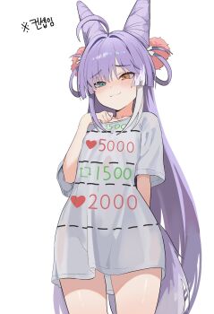 1girl absurdres ahoge arm_at_side blue_eyes blush brown_eyes closed_mouth commentary_request cone_hair_bun cowboy_shot double_bun grey_shirt hair_bun hair_ornament hair_rings hand_up heterochromia highres korean_commentary long_hair long_shirt multicolored_hair nbee_ya pom_pom_(clothes) pom_pom_hair_ornament purple_hair raised_inner_eyebrows shirt simple_background solo stellive straight_hair streaked_hair t-shirt tenko_shibuki three-quarter_sleeves twitter_cutting_game variant_set very_long_hair virtual_youtuber white_background