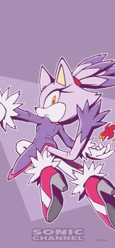 1girl absurdres animal_ears blaze_the_cat cat_ears cat_girl cat_tail character_name fire forehead_jewel fur-trimmed_gloves fur-trimmed_shoes fur_trim gloves high_heels highres official_art ponytail purple_background purple_fur simple_background sonic_(series) sonic_channel tail white_gloves yellow_eyes