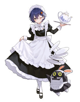 1girl adelie_cat alternate_costume apron bangboo_(zenless_zone_zero) belle_(zenless_zone_zero) black_dress black_shoes blue_hair blush bow bowtie closed_mouth dated dress enmaided eous_(zenless_zone_zero) frilled_hairband frills full_body green_eyes hair_between_eyes hairband highres holding holding_tray long_sleeves looking_at_viewer maid maid_headdress one_eye_closed plate puffy_long_sleeves puffy_sleeves shoes simple_background skirt_hold solo standing teapot tray twitter_username white_apron white_background white_bow white_bowtie white_hairband zenless_zone_zero