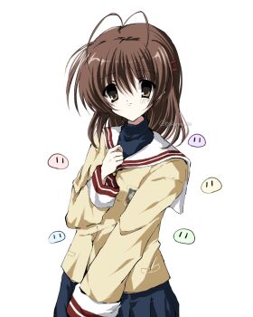 Rule 34 | 1girl, antenna hair, blue skirt, blush, brown eyes, brown hair, clannad, closed mouth, dango daikazoku, furukawa nagisa, hair between eyes, hair ornament, hairclip, hand on own chest, highres, hikarizaka private high school uniform, jacket, long sleeves, looking at viewer, pleated skirt, sailor collar, school uniform, short hair, simple background, skirt, smile, solo, takanashi (takanya shi), turtleneck, white background, white sailor collar, white wrist cuffs, wrist cuffs, yellow jacket