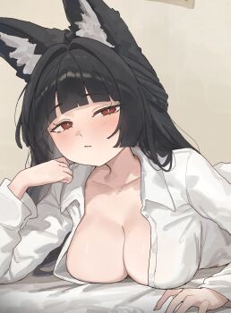 1girl animal_ear_fluff animal_ears arch_05x bed black_hair blunt_bangs blush breasts bright_pupils cleavage closed_mouth collarbone collared_shirt commentary english_commentary fox_ears fox_girl hair_intakes half-closed_eyes half_updo hand_on_own_cheek hand_on_own_face hands_up highres hoshimi_miyabi indoors large_breasts long_hair long_sleeves looking_at_viewer lying no_bra on_bed on_stomach open_clothes open_shirt red_eyes shirt solo upper_body white_pupils white_shirt zenless_zone_zero