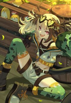 1girl ahoge barrel belt box brown_gloves brown_hair commentary english_commentary fang felyne gigi_murin gigi_murin_(chatacabra) gloves goggles goggles_on_head green_thighhighs grem_(gigi_murin) heart heart-shaped_eyewear highres hololive hololive_english in_box in_container kyouraku midriff navel pink_eyes shorts sitting thighhighs twintails virtual_youtuber white_shorts wooden_box