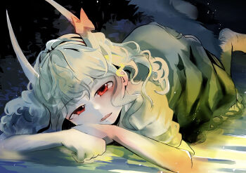 1girl :o bare_arms blush bow commentary dress green_dress grey_hair head_rest highres horn_bow horn_ornament horns kamishirasawa_keine long_hair looking_at_viewer lying nyan_shitai on_stomach red_eyes shirt solo tail touhou white_shirt