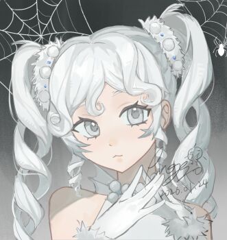 1girl :3 bare_shoulders bead_choker beads black_background bug chinese_commentary choker closed_mouth commentary_request dancing_pearl_(infinity_nikki) dated dot_nose dress drill_hair eyelashes gloves gradient_background grey_background grey_eyes grey_scrunchie hair_bobbles hair_ornament hair_scrunchie halter_dress halterneck happy highres infinity_nikki light_smile long_hair looking_at_viewer nikki_(series) own_hands_together pinggo_(xianshideshixian) procreate_(medium) ringlets scrunchie sidelocks signature silk solo spider spider_web twin_drills twintails two-tone_background upper_body white_choker white_dress white_gloves white_hair white_scrunchie wrist_scrunchie