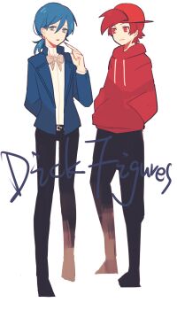 2boys animification arm_behind_back backwards_hat baseball_cap belt black_belt black_nails black_pants black_shoes blue_(dick_figures) blue_eyes blue_hair blue_jacket bow bowtie chinese_commentary closed_mouth commentary_request copyright_name dick_figures double-parted_bangs drawstring full_body grey_bow grey_bowtie hair_behind_ear hair_between_eyes hand_up hands_in_pockets hat highres hood hood_down hoodie index_finger_raised jacket layered_sleeves long_sleeves looking_at_another looking_at_viewer low_ponytail multiple_boys nail_polish no_nose no_pupils open_clothes open_jacket open_mouth pants pointing pointing_at_self ponytail puffy_long_sleeves puffy_sleeves red_(dick_figures) red_eyes red_hair red_hat red_hoodie shirt shoes short_hair short_ponytail simple_background smile teeth uchikaze upper_teeth_only white_background white_shirt