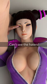 1boy 1girl 20s 3d artist_name black_hair blender_(medium) blunt_bangs bodysuit bored breasts capcom catsuit circumcision_scar cleavage clothed_female_nude_male dpmaker drill_hair english_text erection floor han_juri high_collar highres humiliation kneeling large_breasts looking_at_viewer lying multicolored_bodysuit nude on_back on_floor penis pink_bodysuit pink_eyes purple_bodysuit short_hair sidelocks small_penis small_penis_humiliation solo_focus street_fighter street_fighter_v testicles text_focus twin_drills uncensored unzipped zipper