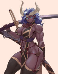 1girl 20s abs armband armpits ass asymmetrical_horns bag bare_shoulders biceps blue_earrings blue_eyes blue_hair bracelet breasts collarbone dark-skinned_female dark_blue_hair dark_skin deltoids dress earrings fanny_pack highres horns huge_sword jewelry katana large_breasts leotard linea_alba long_hair looking_to_the_side muscular muscular_arms muscular_female muscular_legs navel navel_piercing no_background no_panties nonneim obliques oni oni_girl oni_horns open_clothes open_dress original patterned_clothing pelvic_curtain piercing pinup_(style) pointy_ears purple_leotard purple_nails red_string sash satchel sheath simple_background solo string sword taenei_(nonneim) tall_female thick_thighs thighhighs thighs triceps uneven_horns weapon