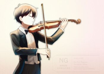 1boy absurdres alternate_costume antenna_hair black_bow black_bowtie black_hair black_pants black_suit bow bow_(music) bowtie closed_eyes closed_mouth commentary_request formal_clothes gradient_background grey_background highres holding holding_bow_(music) holding_instrument holding_violin instrument long_sleeves male_focus music omori pants playing_instrument rami_1300 short_hair solo suit sunny_(omori) upper_body violin watermark
