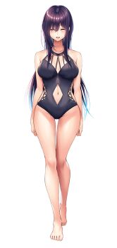 1girl :d amakano_2 arms_at_sides bare_arms bare_legs bare_shoulders barefoot black_one-piece_swimsuit blush breasts breasts_apart clothing_cutout collarbone facing_viewer full_body green_eyes groin hair_between_eyes himiyama_rei hip_vent large_breasts large_variant_set legs long_hair long_sidelocks navel official_art one-piece_swimsuit open_mouth piromizu purple_hair sidelocks simple_background smile solo standing swimsuit tachi-e thighs variant_set white_background