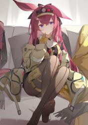 Rule 34 | 1girl, absurdres, animal ears, arknights, black pantyhose, black shirt, black shorts, breasts, couch, gloves, highres, jacket, long hair, looking at viewer, medium breasts, no shoes, on couch, open clothes, open jacket, pantyhose, pink hair, purple eyes, rabbit ears, rabbit girl, ray (arknights), shirt, shorts, soles, solo, user dykc7832, very long hair, visor cap, yellow gloves