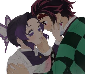 alternate_universe animal_print blue_butterfly bug butterfly butterfly_hair_ornament butterfly_print butterfly_print_haori checkered_haori contemporary demon_slayer_uniform earrings hair_ornament hanafuda_earrings hand_up haori highres imminent_kiss insect japanese_clothes jewelry kamado_tanjirou kimetsu_no_yaiba kochou_shinobu original pkhoahue print_haori purple_butterfly scar scar_on_face scar_on_forehead short_hair simple_background updo white_background
