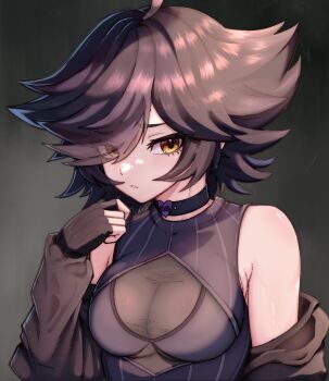 1girl absurdres ahoge armpit_crease bare_shoulders bikini bikini_under_clothes black_choker black_gloves black_jacket breasts choker cleavage eyes_visible_through_hair fingerless_gloves flipped_hair frown gloves grey_background heart heart_choker highres jacket karma_(vtuber) krow_(elkrow2) looking_at_viewer medium_breasts medium_hair off_shoulder owozu parted_lips pinstripe_pattern pinstripe_shirt purple_bikini purple_shirt see-through_cleavage see-through_clothes shirt sleeveless sleeveless_shirt solo swimsuit taut_clothes taut_shirt upper_body virtual_youtuber yellow_eyes