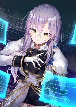 1girl absurdres arm_at_side black_shorts commentary_request cowboy_shot digital_dissolve dutch_angle eyelashes glasses gloves green_eyes grey_hair hair_between_eyes hand_up heaven_burns_red highres izumi_yuki_(heaven_burns_red) jacket long_hair long_sleeves looking_at_viewer low_side_ponytail open_clothes open_jacket parted_lips round_eyewear rrtp serious shorts signature solo tsurime v-shaped_eyebrows white_gloves white_jacket