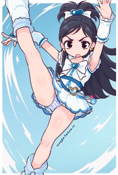 1girl action arms_up bare_legs black_hair boots border breasts brown_eyes clothes_lift cuffs cure_white detached_sleeves dress dress_lift earrings hair_ornament jewelry kicking leg_up loli long_hair magical_girl midair panties pongldr precure ribbon self-upload simple_background skirt skirt_lift sky small_breasts solo_focus striped_clothes striped_panties thighs underwear upskirt white_border white_dress yukishiro_honoka