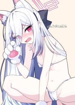 1girl 4rion absurdres animal_ears animal_hands bikini black_hairband blue_archive blush breasts cat_ears cat_girl cat_paws cleavage commentary double-parted_bangs fake_animal_ears feet_out_of_frame hair_between_eyes hairband halo hand_on_floor head_down highleg highleg_bikini highres kei_(blue_archive) kei_(student)_(blue_archive) long_hair long_hair_between_eyes micro_bikini navel open_mouth pink_eyes pink_halo rectangular_halo ringed_eyes simple_background small_breasts solo spread_legs squatting stomach swimsuit twitter_username very_long_hair white_bikini white_hair wide_spread_legs