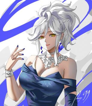 1girl absurdres bare_shoulders blue_dress blue_nails breasts cleavage dress eternity_(reverse:1999) hand_up highres jewelry large_breasts looking_at_viewer necklace notgustiarp ponytail reverse:1999 sleeveless sleeveless_dress smile solo upper_body white_background white_hair yellow_eyes