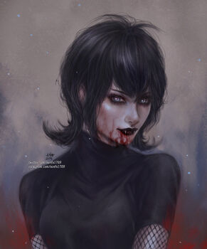 1girl artist_name black_eyeshadow black_hair black_lips blood blood_on_face blue_eyes eyeshadow fishnet_sleeves fishnets highres hotel_transylvania instagram_username looking_at_viewer makeup mavis_dracula nanfe short_hair short_sleeves signature solo twitter_username upper_body watermark web_address