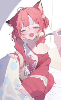 ahoge akami_karubi animal_ears blush cake cat_ears cat_girl cat_tail colored_tips commentary_request crazy_raccoon dyed_ahoge fangs feeding food green_eyes hair_between_eyes highres jacket multicolored_hair naughty_face off_shoulder on_bed red_hair red_jacket short_twintails tail twintails uica virtual_youtuber