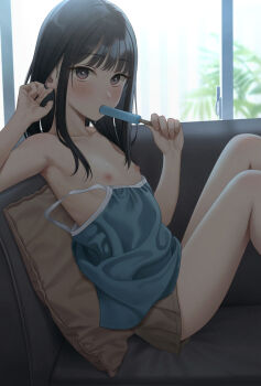 1girl black_eyes black_hair blue_camisole breasts brown_shorts camisole camisole_pull clothes_pull commentary_request couch food food_in_mouth hands_up highres holding holding_food holding_popsicle indoors knees_up loli long_hair nipples no_bra on_couch original pillow popsicle popsicle_in_mouth shorts sitting sleeveless small_breasts solo spaghetti_strap strap_slip sweat variant_set yukiyama_momo